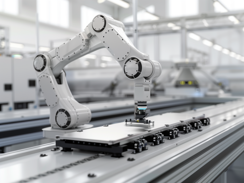 A Sleek Industrial Robot Arm Assembling Components With Precision ...